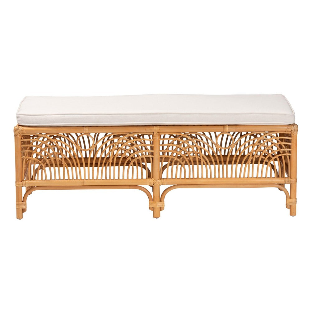 Baxton Studio bali Materra Modern Bohemian Rattan Bench with Comfortable Cushion – Handcrafted Natural Finish Materra-Light Honey Ratttan-Bench