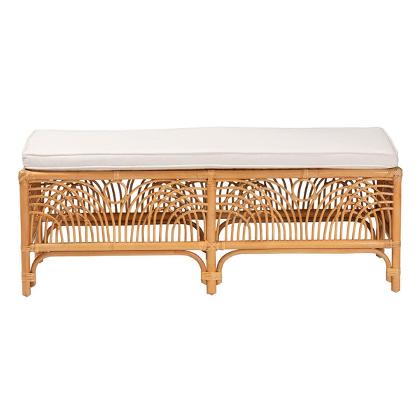 Baxton Studio bali Materra Modern Bohemian Rattan Bench with Comfortable Cushion – Handcrafted Natural Finish Materra-Light Honey Ratttan-Bench