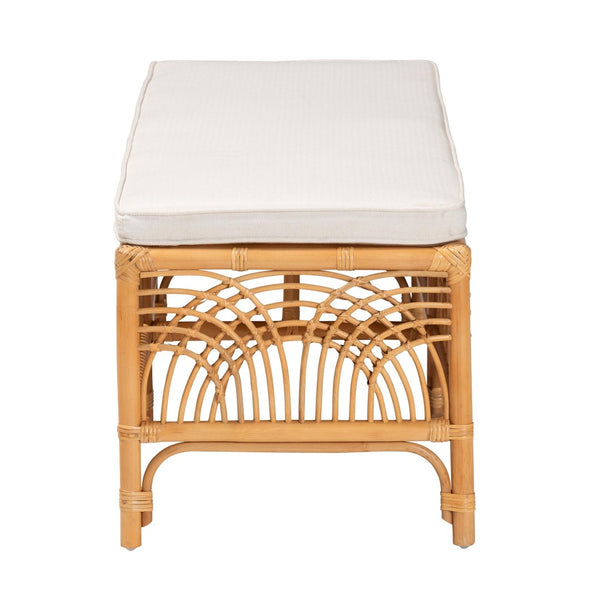 Baxton Studio bali Materra Modern Bohemian Rattan Bench with Comfortable Cushion – Handcrafted Natural Finish Materra-Light Honey Ratttan-Bench