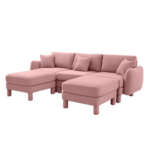 English Elm Boucle U-Shaped 3-Seater Sectional Sofa With Shell Armrests & Movable Ottomans In Chic Pink Color W3041S00294