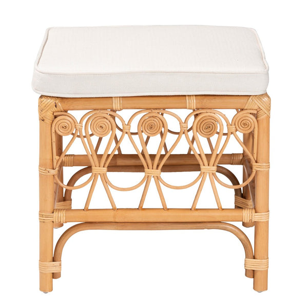 Baxton Studio bali Bali Ibiza Footstool - Handcrafted Natural Rattan with Plush Cushion for Bohemian Coastal Style Ibiza-Light Honey Rattan-Stool