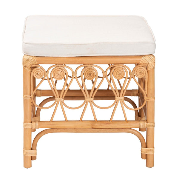 Baxton Studio bali Bali Ibiza Footstool - Handcrafted Natural Rattan with Plush Cushion for Bohemian Coastal Style Ibiza-Light Honey Rattan-Stool