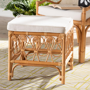 Baxton Studio bali Bali Ibiza Footstool - Handcrafted Natural Rattan with Plush Cushion for Bohemian Coastal Style Ibiza-Light Honey Rattan-Stool
