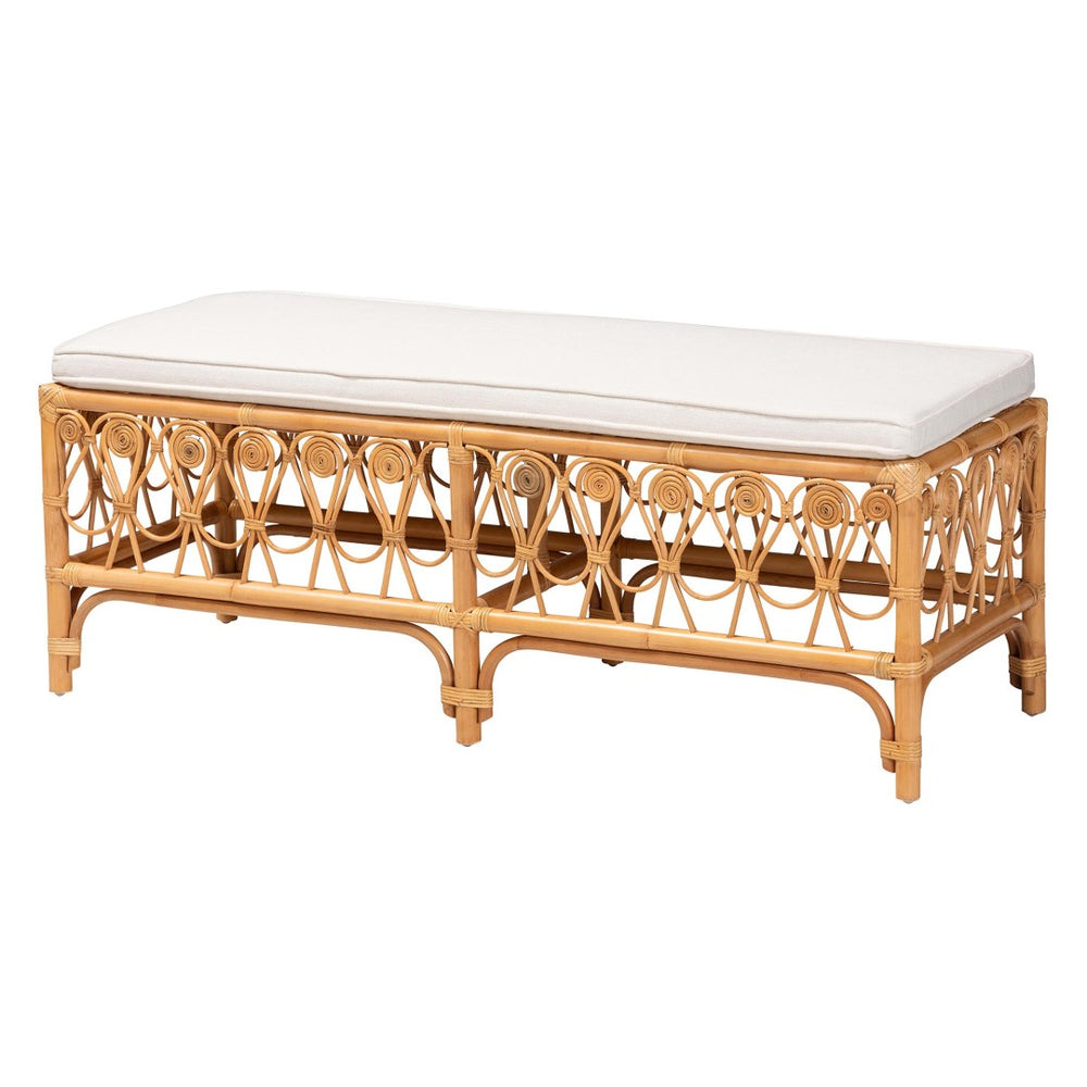 Baxton Studio bali Ibiza Modern Bohemian Rattan Bench with Plush Cushion - Handcrafted Natural Accent Seating Ibiza-Light Honey Rattan-Bench