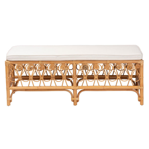 Baxton Studio bali Ibiza Modern Bohemian Rattan Bench with Plush Cushion - Handcrafted Natural Accent Seating Ibiza-Light Honey Rattan-Bench