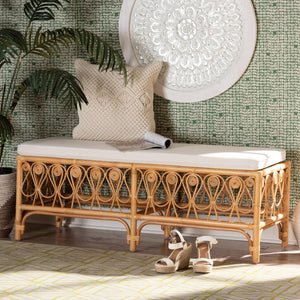 Baxton Studio bali Ibiza Modern Bohemian Rattan Bench with Plush Cushion - Handcrafted Natural Accent Seating Ibiza-Light Honey Rattan-Bench
