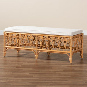 Baxton Studio bali Ibiza Modern Bohemian Rattan Bench with Plush Cushion - Handcrafted Natural Accent Seating Ibiza-Light Honey Rattan-Bench