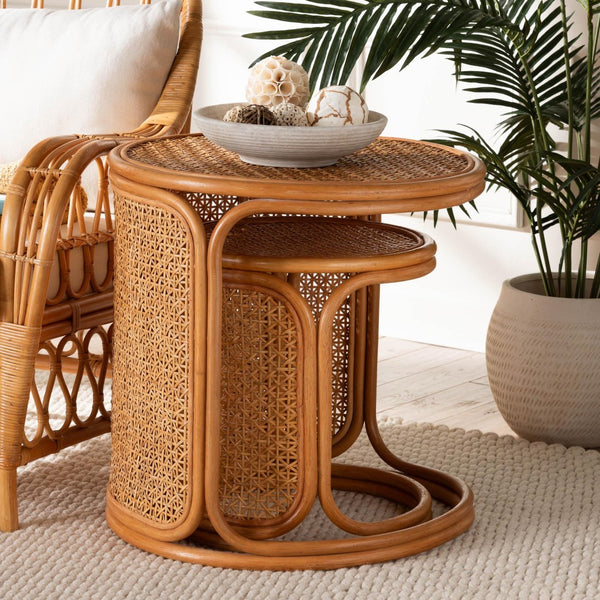 Baxton Studio bali Eldon Bohemian Honey Rattan Nesting End Table Set - Handcrafted 2-Piece Accent for Any Space Eldon-Light Honey Rattan-Nesting End Table Set