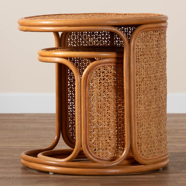 Baxton Studio bali Eldon Bohemian Honey Rattan Nesting End Table Set - Handcrafted 2-Piece Accent for Any Space Eldon-Light Honey Rattan-Nesting End Table Set