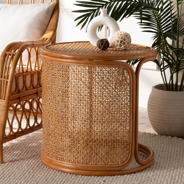 Baxton Studio bali Eldon Bohemian Honey Rattan End Table – Handcrafted Coastal Charm for Your Living Space Eldon-Light Honey Rattan-Large-ET