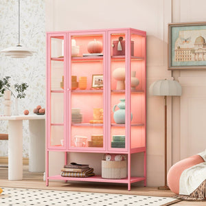 English Elm 67.25'' Tall Steel Curio Cabinet with Led Lighting and Tempered Glass Panels Pink SN845P263995P