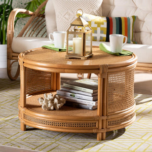 Baxton Studio bali Bali Handcrafted Rattan Coffee Table - Bohemian Round Design with Open Storage for Tropical Charm Auro-Light Honey Rattan-CT