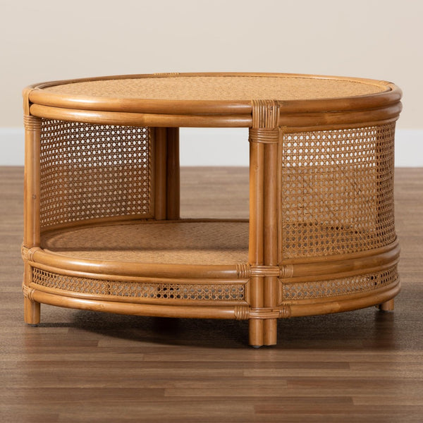 Baxton Studio bali Bali Handcrafted Rattan Coffee Table - Bohemian Round Design with Open Storage for Tropical Charm Auro-Light Honey Rattan-CT
