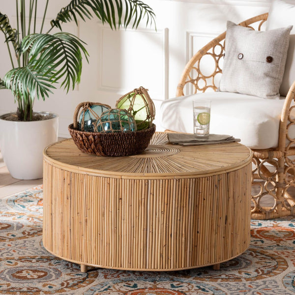 Baxton Studio bali Handcrafted Bohemian Round Coffee Table in Light Honey Rattan – Unique Artisanal Design! Miami-Natural Rattan-CT