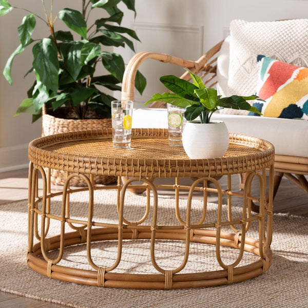 Baxton Studio bali Bali Phoenix Round Honey Rattan Coffee Table - Handcrafted Bohemian Centerpiece for Modern Living Spaces Phoenix-Light Honey Rattan-CT