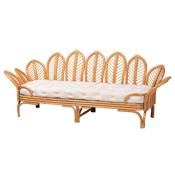 Baxton Studio bali Bali Loften Bohemian Rattan Daybed - Handcrafted Comfort with Openwork Design for Elegant Spaces Leaves-Natural Rattan-Daybed with Cushion