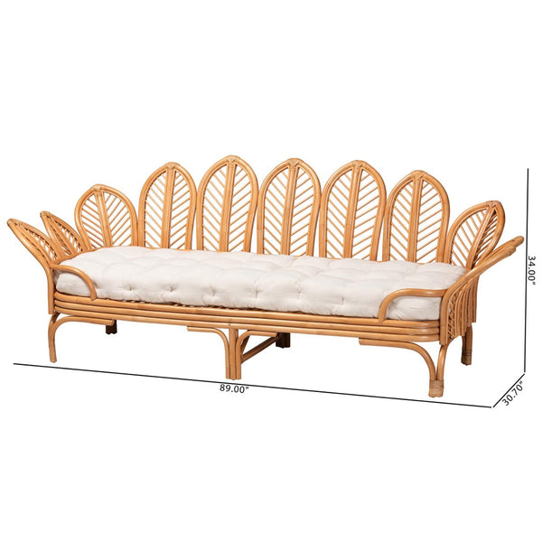 Baxton Studio bali Bali Loften Bohemian Rattan Daybed - Handcrafted Comfort with Openwork Design for Elegant Spaces Leaves-Natural Rattan-Daybed with Cushion