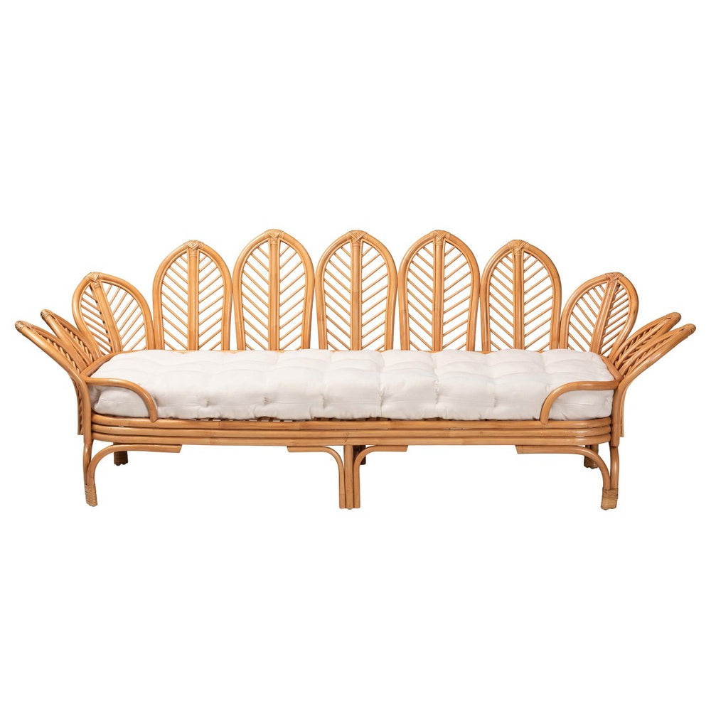 Baxton Studio bali Bali Loften Bohemian Rattan Daybed - Handcrafted Comfort with Openwork Design for Elegant Spaces Leaves-Natural Rattan-Daybed with Cushion
