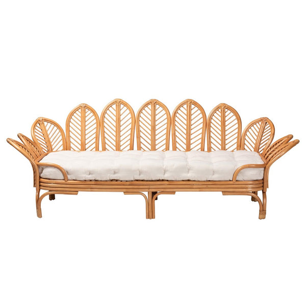 Baxton Studio bali Bali Loften Bohemian Rattan Daybed - Handcrafted Comfort with Openwork Design for Elegant Spaces Leaves-Natural Rattan-Daybed with Cushion