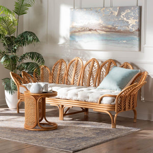 Baxton Studio bali Bali Loften Bohemian Rattan Daybed - Handcrafted Comfort with Openwork Design for Elegant Spaces Leaves-Natural Rattan-Daybed with Cushion