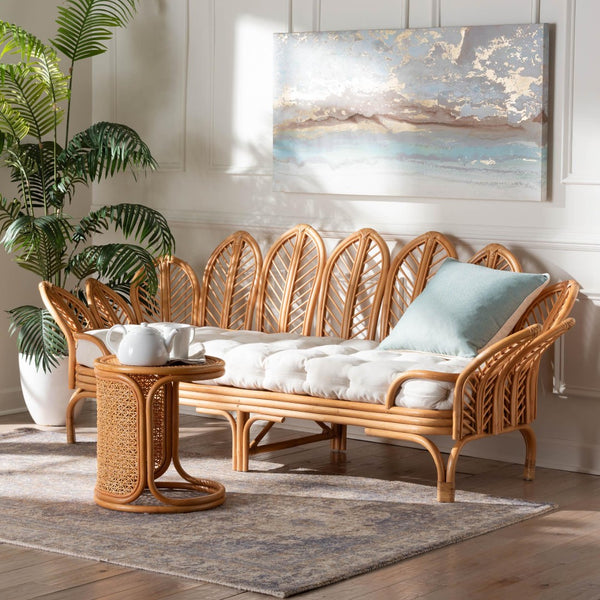 Baxton Studio bali Bali Loften Bohemian Rattan Daybed - Handcrafted Comfort with Openwork Design for Elegant Spaces Leaves-Natural Rattan-Daybed with Cushion