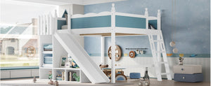 English Elm Queen Loft Bed With Storage Shelves, Fun Detachable Slide, Solid Wood Design, Blue & White Finish W1580S00249-GIGA