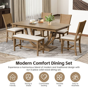 English Elm Topmax Six Piece Rubberwood Dining Set with Bench Linen Seats Sculptural Modern Style Brown N717S000029D