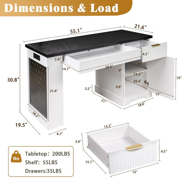 English Elm 55" Fluted White Computer Desk with Power Outlet Pegboard Cabinet and Keyboard Tray W2917P396008