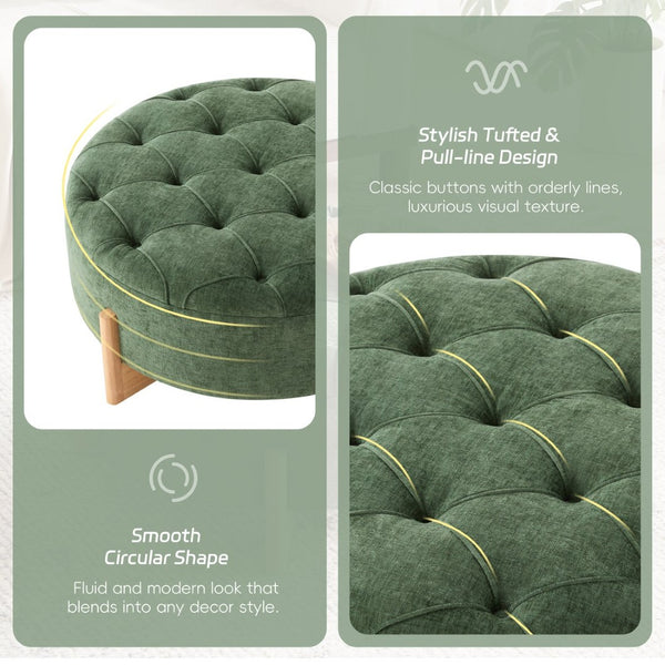 English Elm 32" Round Chenille Ottoman Tufted Footrest with Rubberwood Legs for Living Room Green N723P405298G