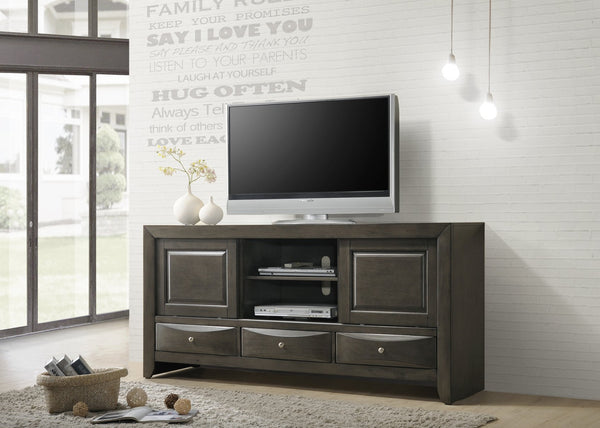 English Elm 1pc Gray Finish TV Stand with 3 Drawers and Open Shelves, 87" Wide Media Console for Living Room Decor B2741P294720