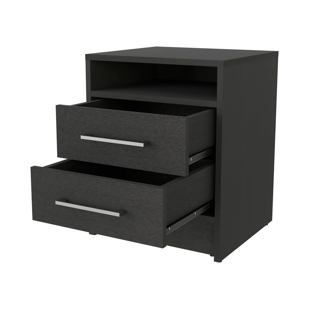 English Elm Philadelphia Nightstand with Two Drawers & Concealed Shelf, Black Metal Pulls, Sleek Ergonomic Storage B128P148956