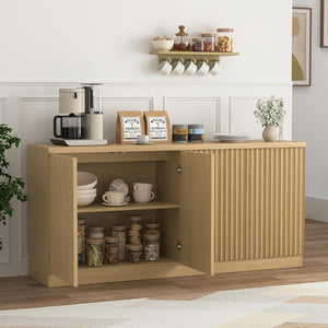 English Elm Buffet Credenza with Four Door Enclosed Shelving Natural Wood Finish Dining Hallway W409P327404