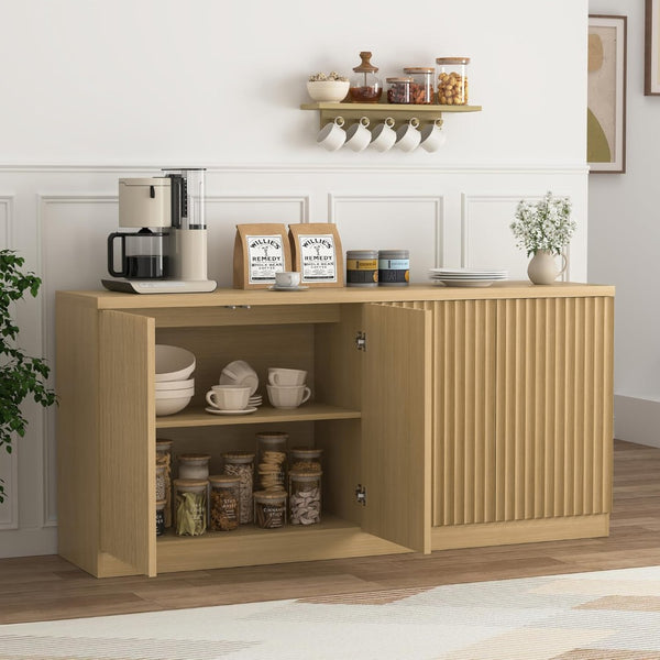 English Elm Buffet Credenza with Four Door Enclosed Shelving Natural Wood Finish Dining Hallway W409P327404