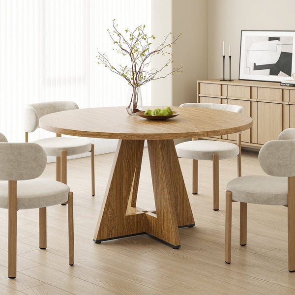 English Elm 47" Round Wood Dining Table Seats Six with Industrial Metal Base for Modern Homes Walnut T3623P433915