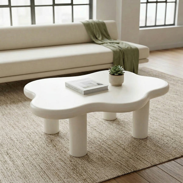 English Elm 40-inch Cloud Shaped Coffee Table Sculptural Mdf Top with Tapered Legs for Living Rooms White W3935S00003