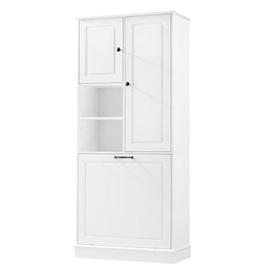 English Elm Tall Storage Cabinet with Flip-Out Basket, Adjustable Shelves & Aluminum Handles for Organized Living White N725P322739K