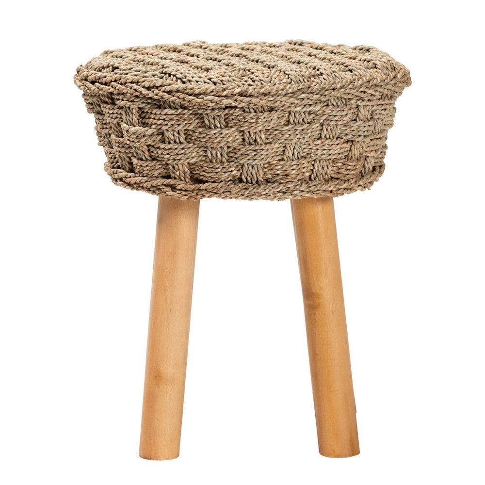English Elm Modern Woven Seagrass Acacia Wood Stool Bohemian Accent for Living Spaces B2750P467716