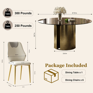 English Elm 59-Inch Modern Round Dining Table Set With 6 Chairs - Elegant Dark Brown Glass Top & Copper Legs W509S00147