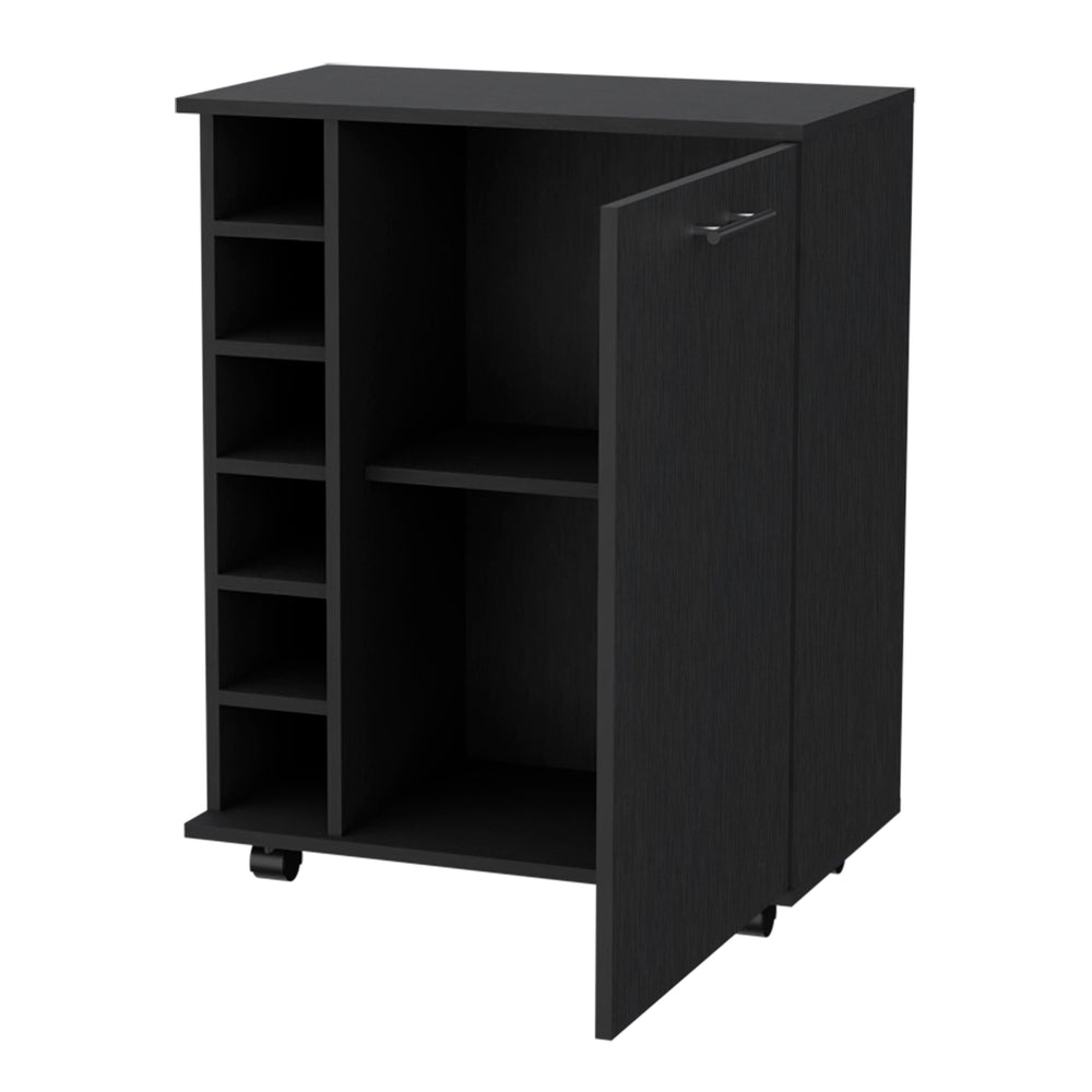 English Elm Rawlins Bar Cart Black with 6-Bottle Rack, Hidden Storage Cabinet, Top Serving Surface & Casters B128P176158