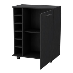 English Elm Rawlins Bar Cart Black with 6-Bottle Rack, Hidden Storage Cabinet, Top Serving Surface & Casters B128P176158