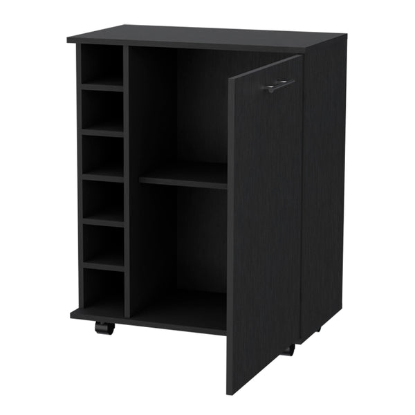 English Elm Rawlins Bar Cart Black with 6-Bottle Rack, Hidden Storage Cabinet, Top Serving Surface & Casters B128P176158