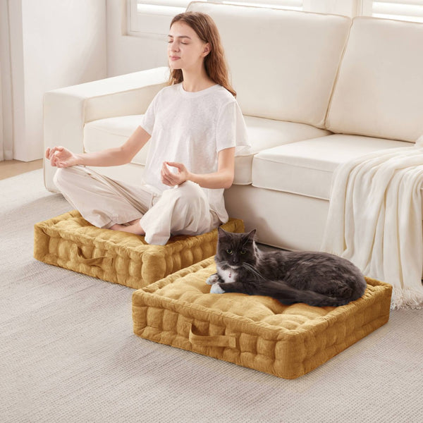 English Elm 1- Piece Tufted Chenille Floor Cushion with Scalloped Edge for Bohemian Living Spaces Yellow B035P482972