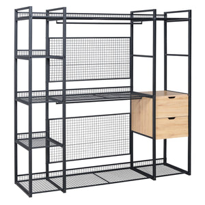 English Elm Open-Style Wardrobe Storage System with Heavy-Duty Metal Frame, Rails, Shelves & Drawers - Sleek Durable Design for Organized Living Black SF000087AAB