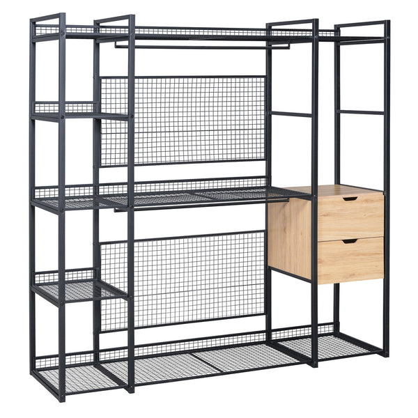 English Elm Open-Style Wardrobe Storage System with Heavy-Duty Metal Frame, Rails, Shelves & Drawers - Sleek Durable Design for Organized Living Black SF000087AAB