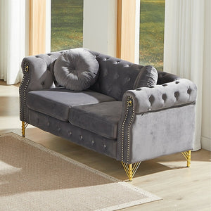 English Elm 60.5-inch Crushed Velvet Chesterfield Sofa Tufted Button Design with Copper Stud Trim Grey W834S00621