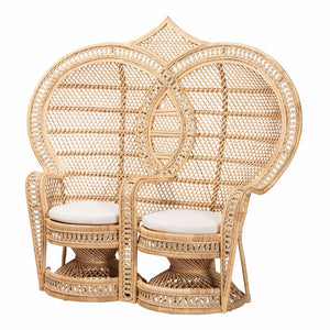 Baxton Studio bali Handcrafted Two-Seater Peacock Chair - Modern Bohemian Natural Rattan Accent with Cushions WS044-Natural Rattan-CC