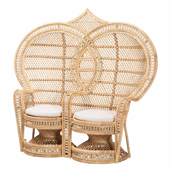 Baxton Studio bali Handcrafted Two-Seater Peacock Chair - Modern Bohemian Natural Rattan Accent with Cushions WS044-Natural Rattan-CC