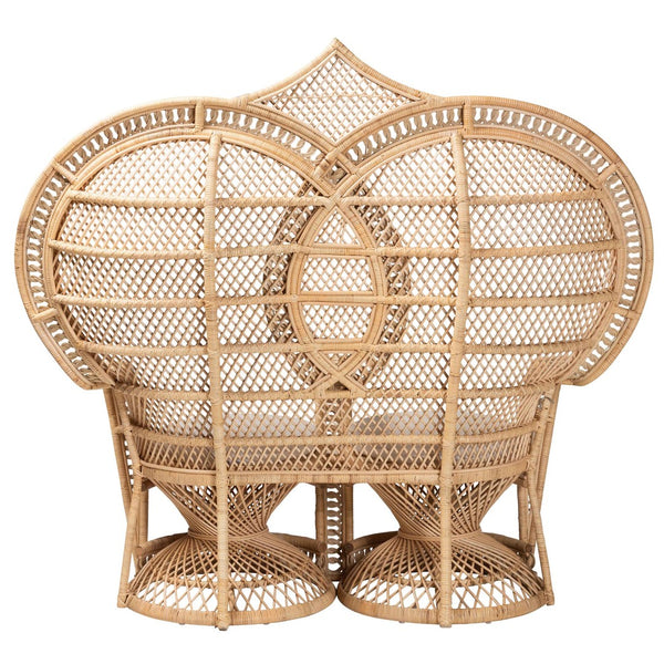 Baxton Studio bali Handcrafted Two-Seater Peacock Chair - Modern Bohemian Natural Rattan Accent with Cushions WS044-Natural Rattan-CC