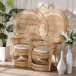 Baxton Studio bali Handcrafted Two-Seater Peacock Chair - Modern Bohemian Natural Rattan Accent with Cushions WS044-Natural Rattan-CC