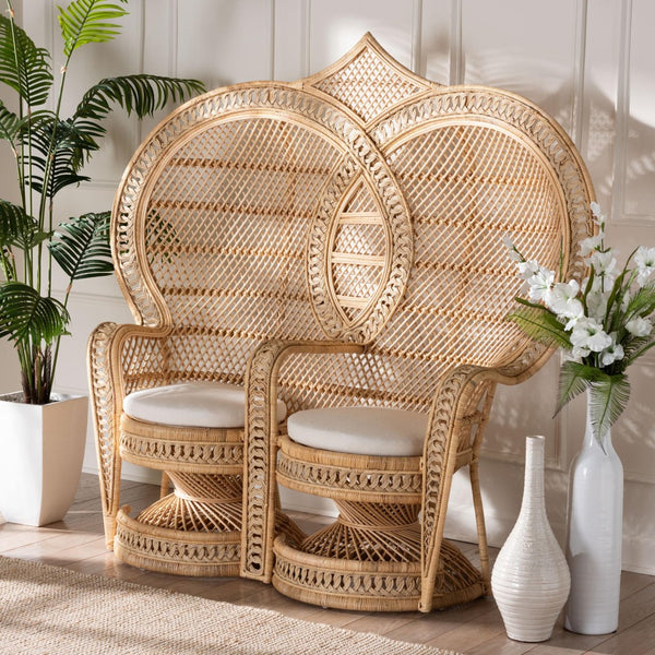 Baxton Studio bali Handcrafted Two-Seater Peacock Chair - Modern Bohemian Natural Rattan Accent with Cushions WS044-Natural Rattan-CC